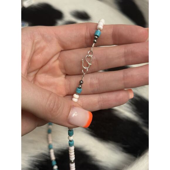 Native American Sterling Silver Navajo Pearl Pink Conch & Turquoise Necklace - Picture 6 of 9